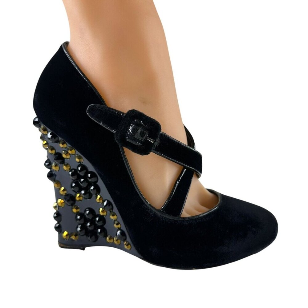 LOUIS VUITTON Wedge Pumps Heel Beaded Velvet Black Size EU 36/US 5.5 Cross Strap - Picture 5 of 17